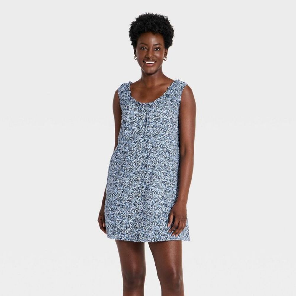 Women's Mini Swing Shift Dress - Universal Thread Navy Blue Floral S